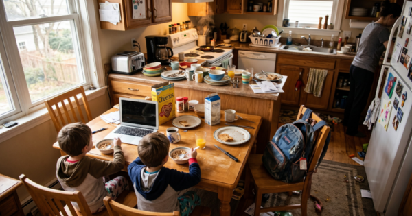 A busy family kitchen table with a laptop, breakfast dishes, and a backpack on a chair, suggesting a home that has run out of dedicated space for work and daily life. That covers the SEO keyword angle (family home, space) without being stuffed, and it