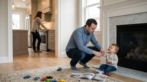 Parent redirecting a young child away from a fireplace during a home showing in Markham while the other parent evaluates the kitchen