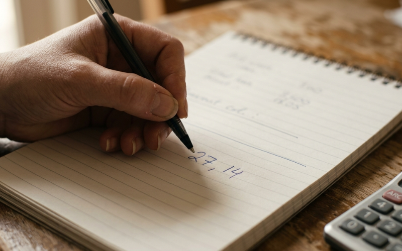 Writing out the gap between sale price and purchase price on a notepad