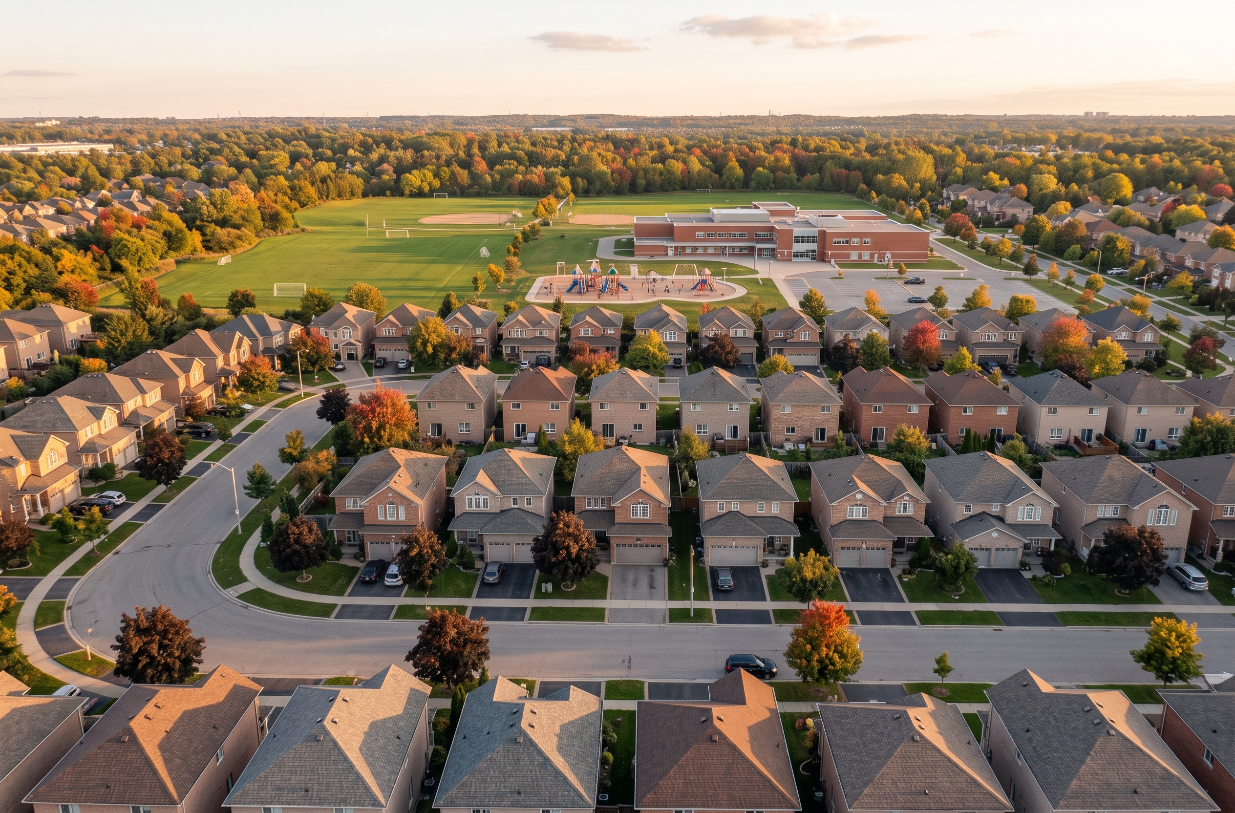 Aerial view of detached family homes and streets in a Markham neighbourhood at golden hour