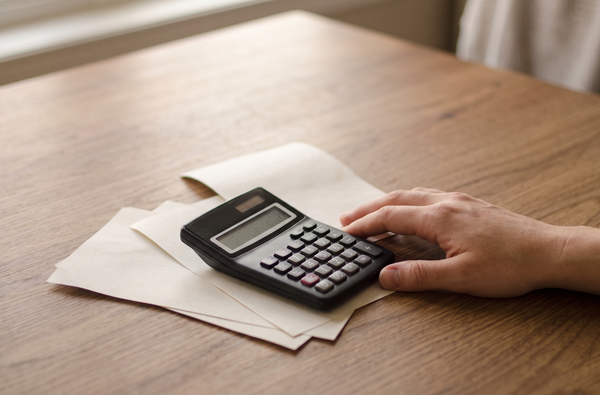Hand beside a calculator and paperwork at a kitchen table, representing the financial fear behind a move-up decision