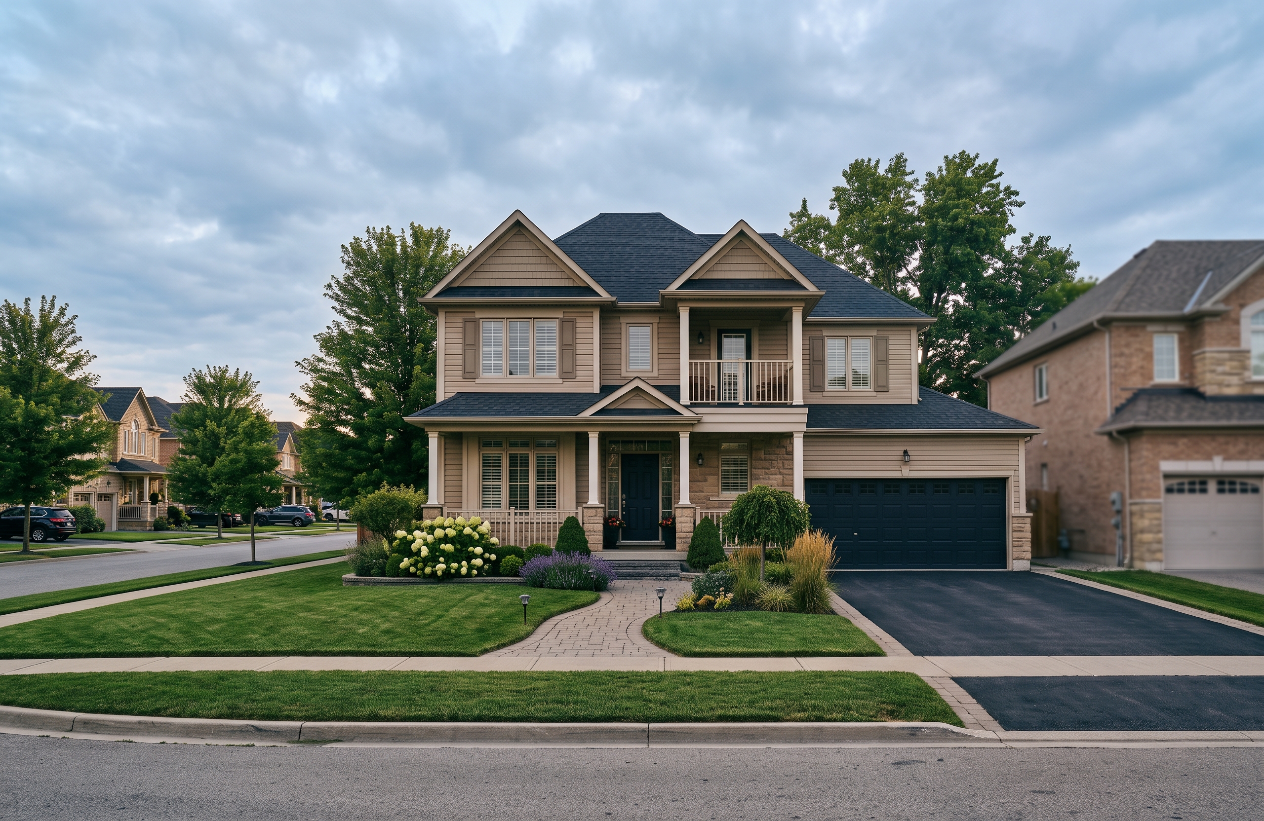 Cost to move up in Markham: detached home exterior at dusk