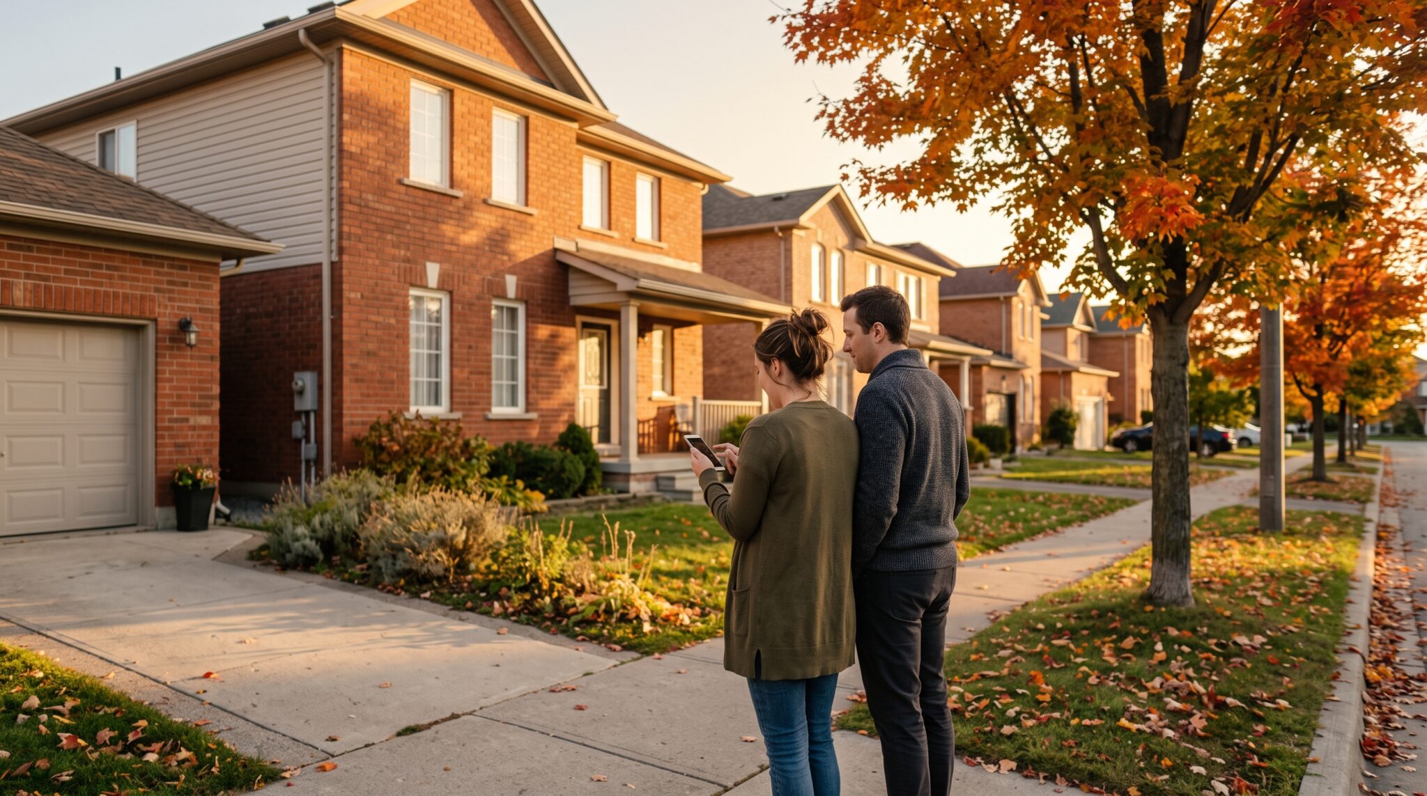 Is now a good time to buy in Markham: a couple outside a detached home in autumn.