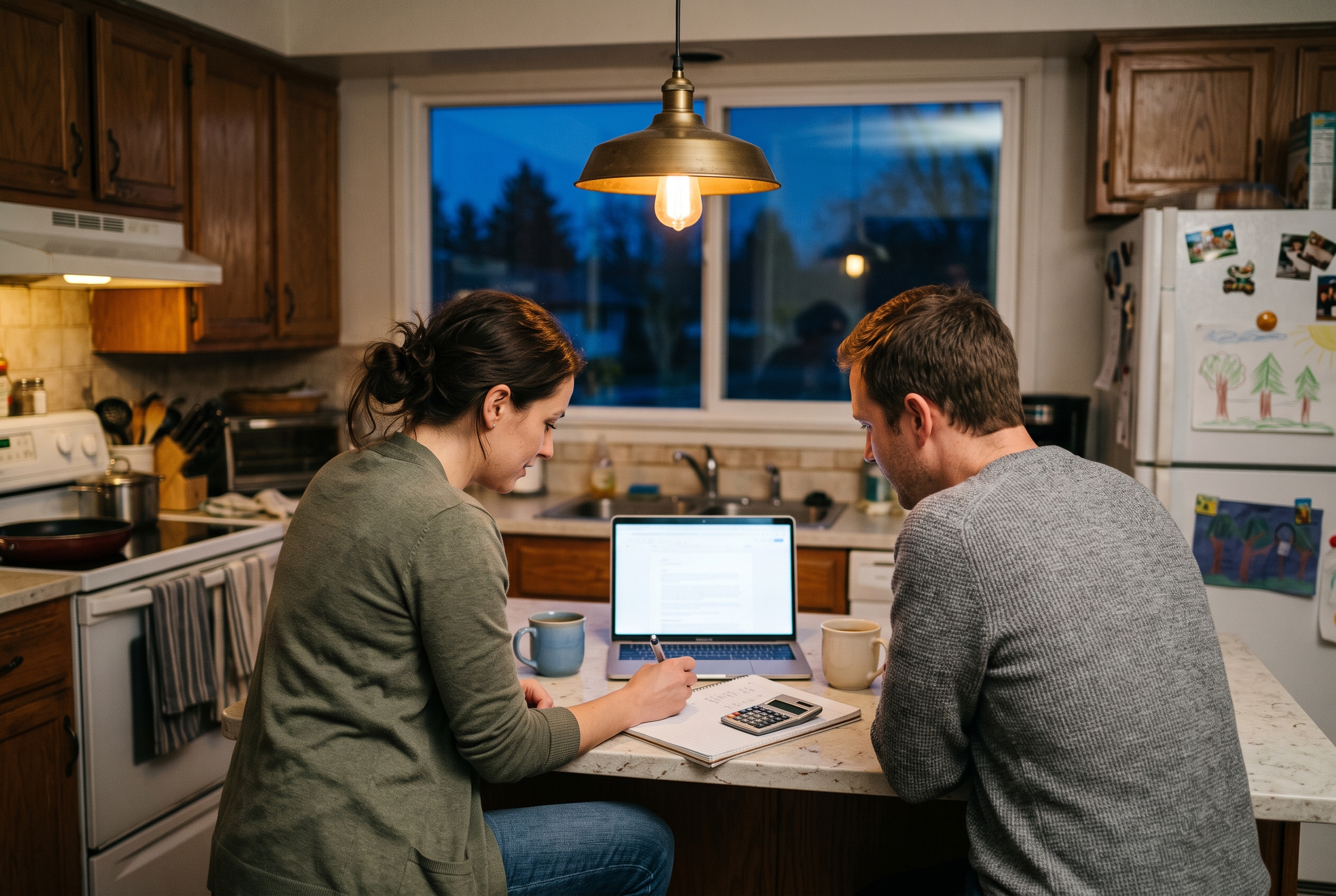 A couple at a kitchen island in the evening reviewing mortgage payment numbers on a laptop