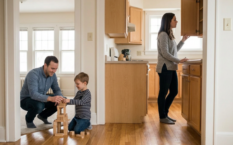 One parent playing with their child near a doorway while the other parent inspects a kitchen in a clean, market-ready Markham home